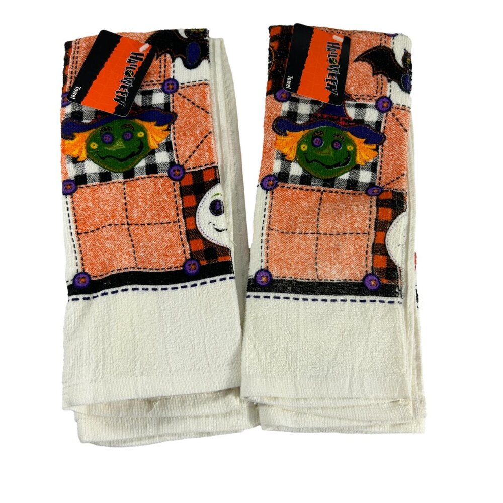 Set of 2 Cotton Halloween Dish Towels Witch Ghost Jack O Lantern Orange Kitchen